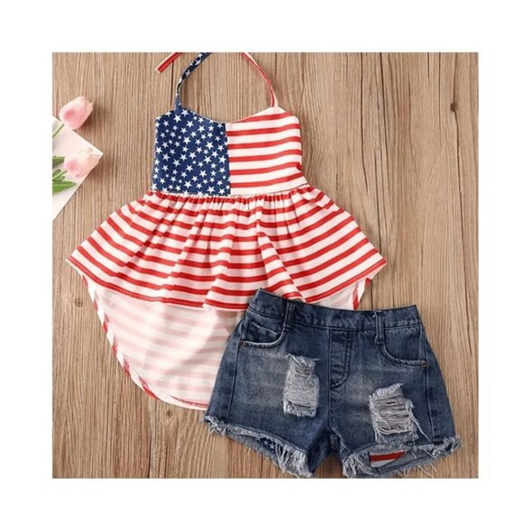 2pc Patriotic Girls Asymmetrical Halter Dress with Blue Jean Shorts Size 1-2Y-6Y - Picture 1 of 5